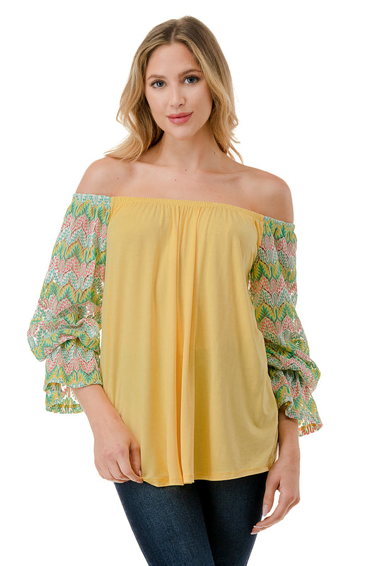 FRANCES OFF SHOULDER TOP (YELLOW / GREEN PINK CROCHET)- VT3160