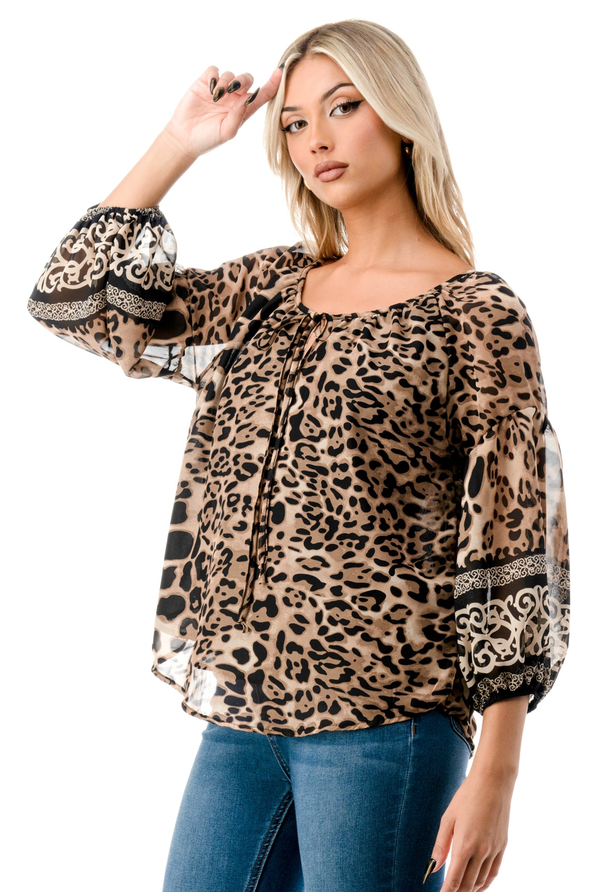 JANE FRONT KEY HOLE TOP (LEOPARD CHIFFON)- VT3170