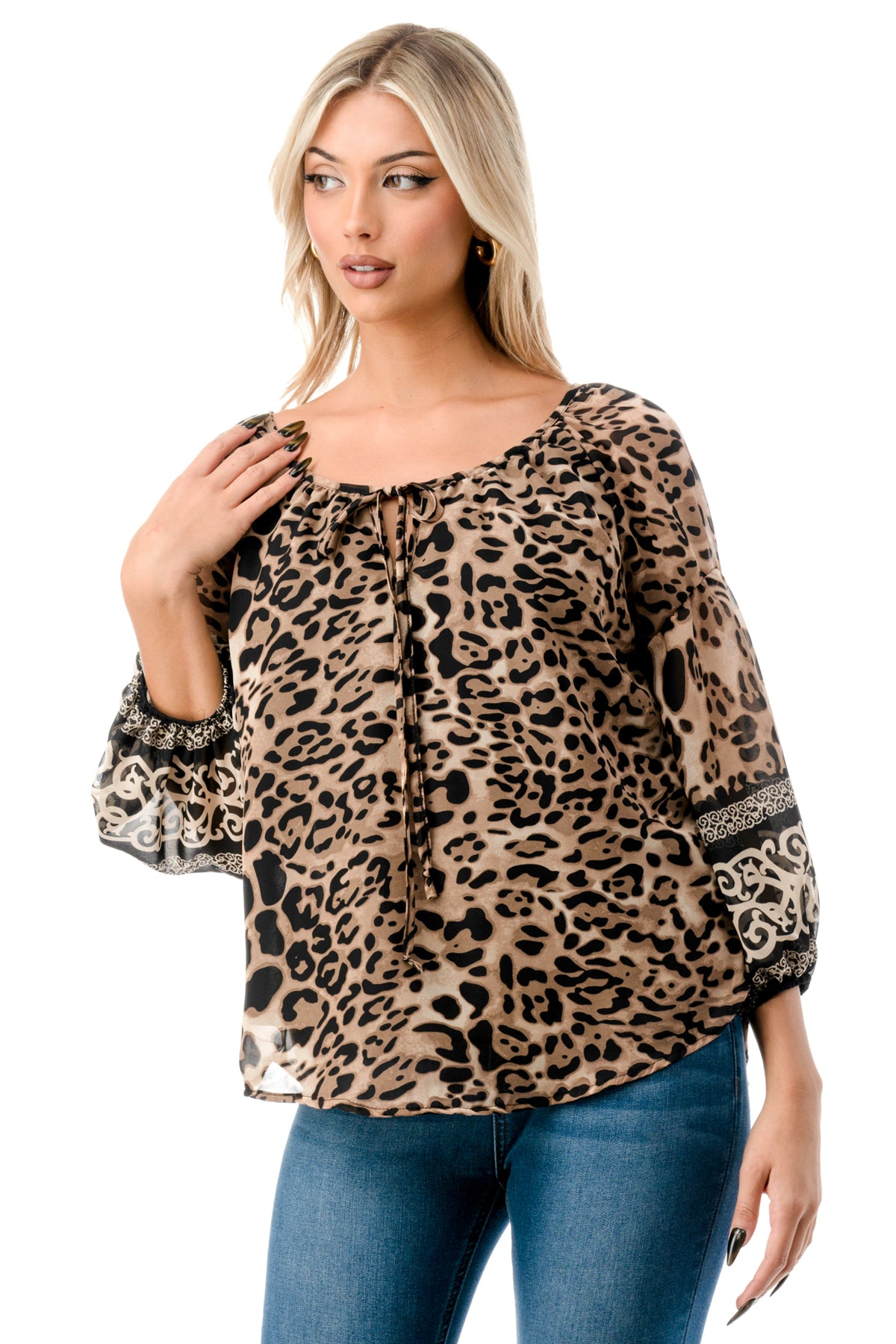 JANE FRONT KEY HOLE TOP (LEOPARD CHIFFON)- VT3170