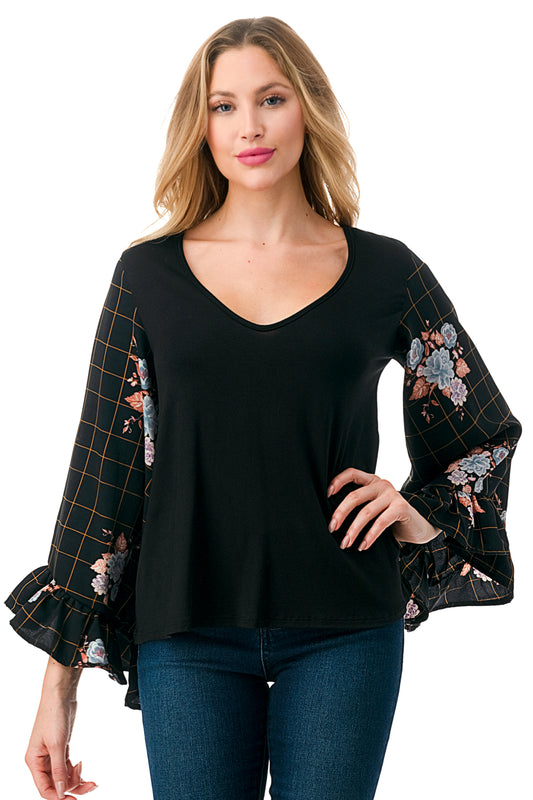 JANE V NECK RUFFLE SLEEVE TOP (BLACK / FLORAL PLAID)- VT3171-NO TIE