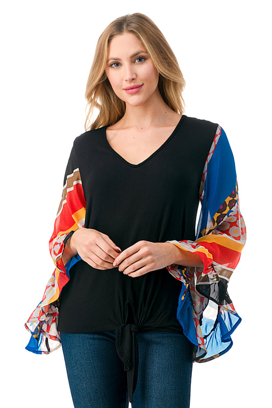 JANE V NECK RUFFLE SLEEVE TOP (BLACK / MULTI STRIPE)- VT3171