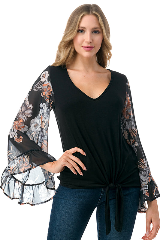 JANE V NECK RUFFLE SLEEVE TOP (BLACK/BLACK FLORAL)- VT3171