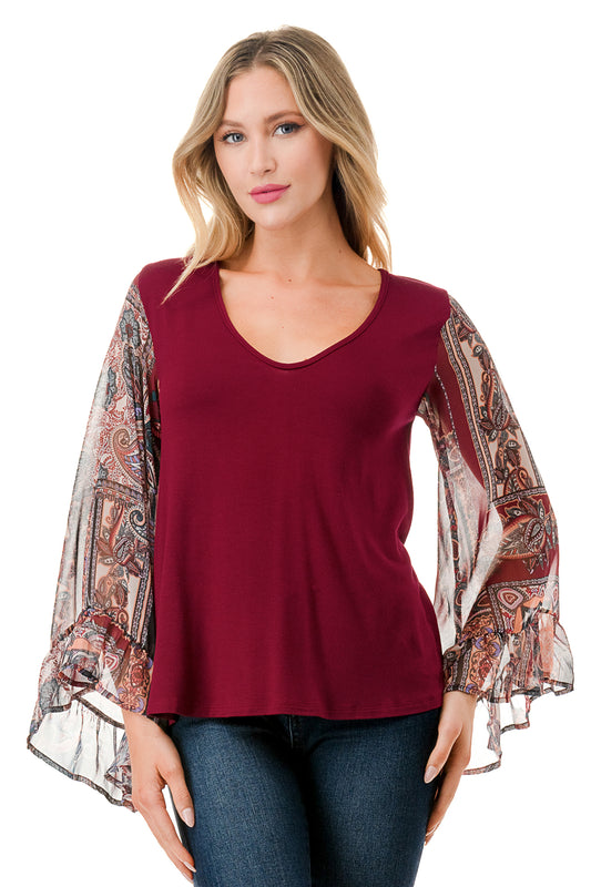 JANE V NECK RUFFLE SLEEVE TOP (DARK WINE/FALL IN LOVE)- VT3171-NO TIE