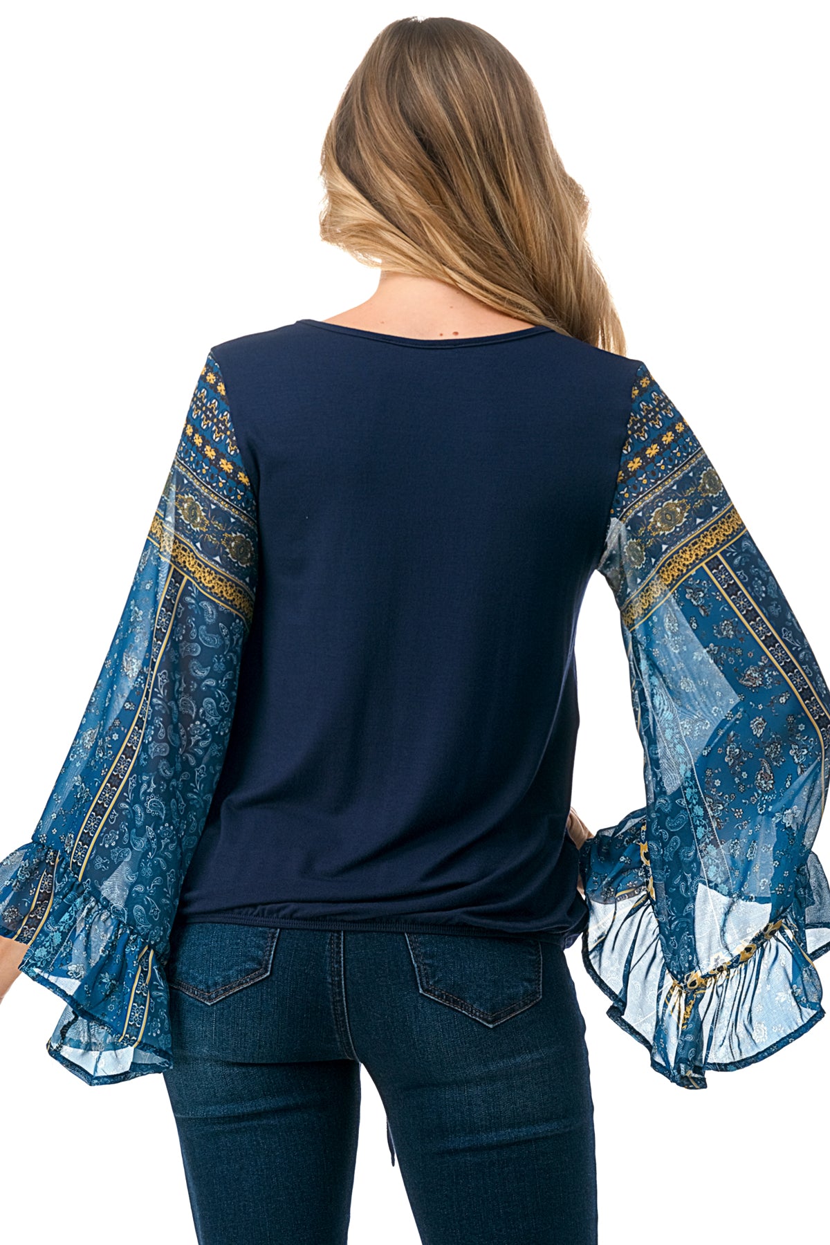 JANE V NECK RUFFLE SLEEVE TOP (NAVY/TEAL BOHO)- VT3171