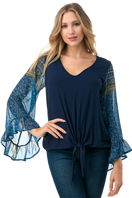 JANE V NECK RUFFLE SLEEVE TOP (NAVY/TEAL BOHO)- VT3171