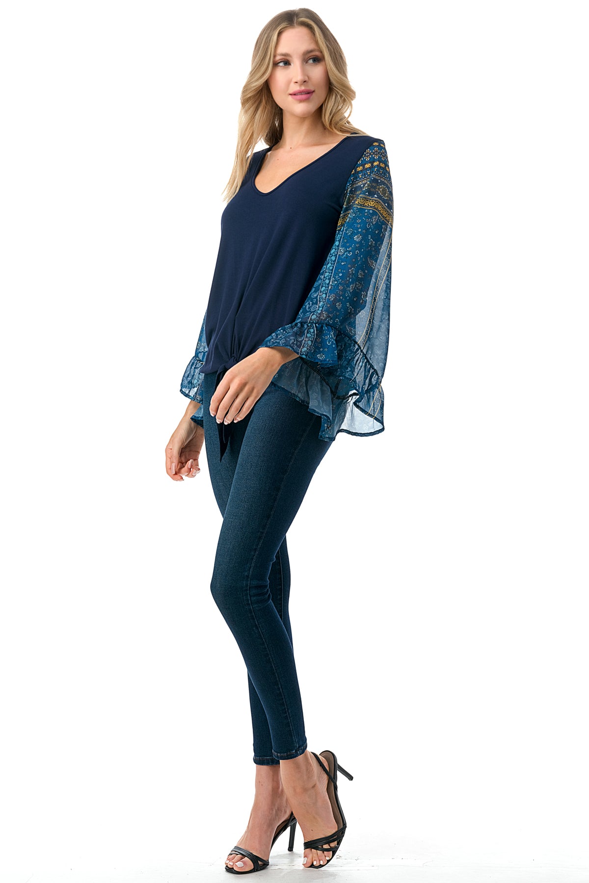 JANE V NECK RUFFLE SLEEVE TOP (NAVY/TEAL BOHO)- VT3171