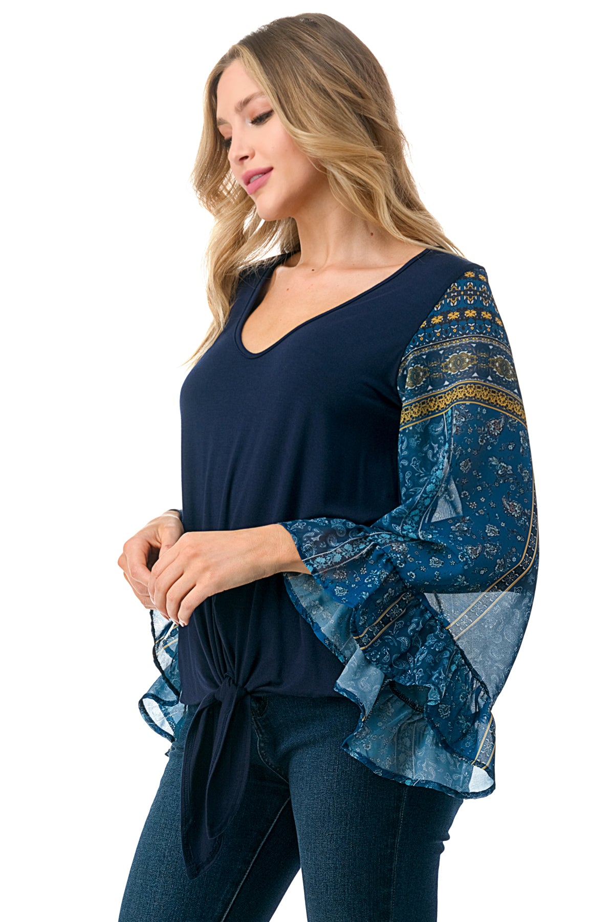 JANE V NECK RUFFLE SLEEVE TOP (NAVY/TEAL BOHO)- VT3171