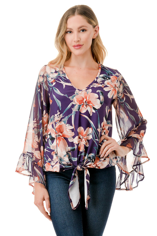 JANE V NECK RUFFLE SLEEVE TOP (PURPLE FLORAL /  PURPLE FLORAL CHIFFON)- VT3171