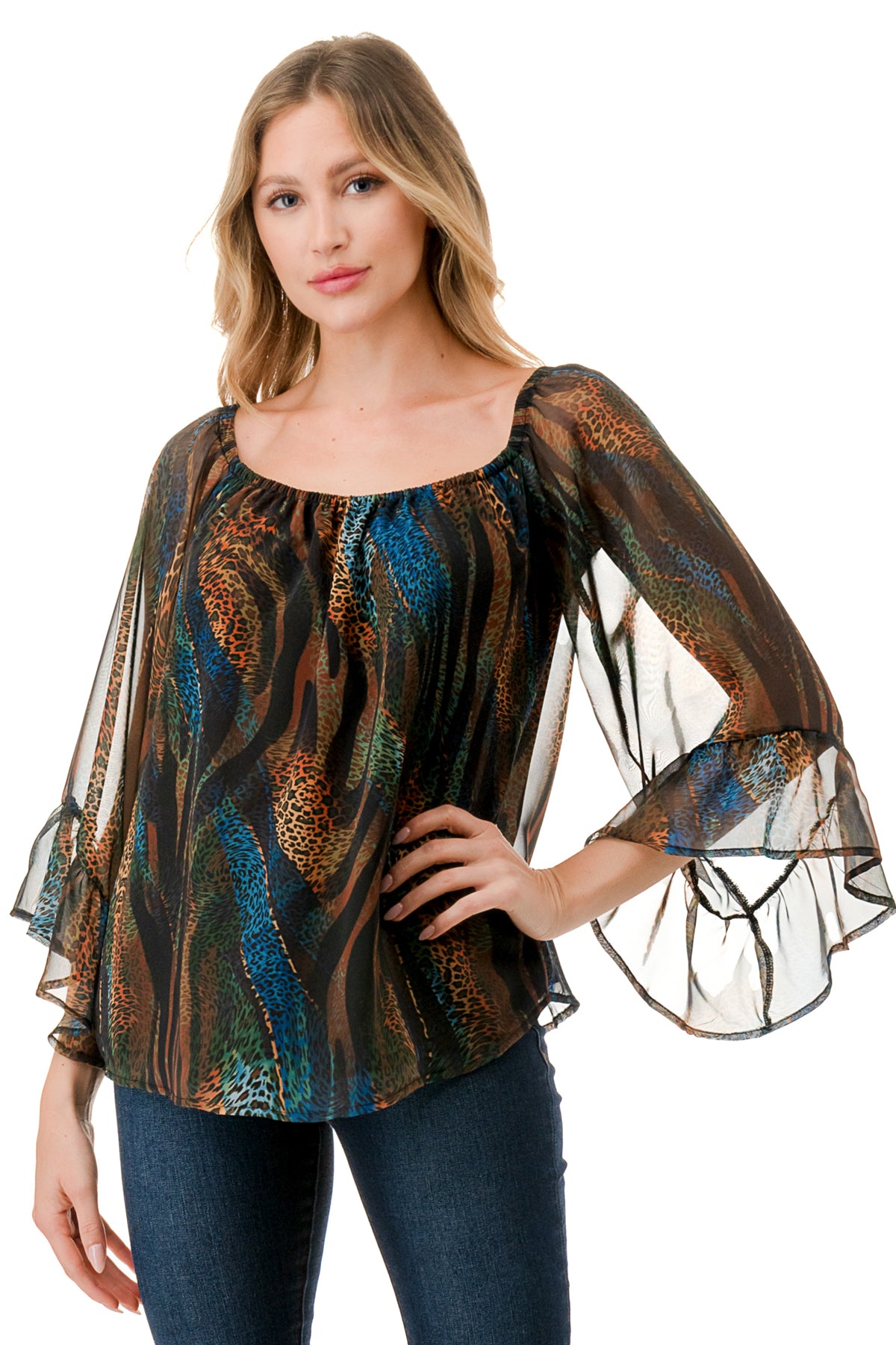 JANE OFF SHOULDER RUFFLE SLEEVE TOP (FALL ZEBRA)- VT3172