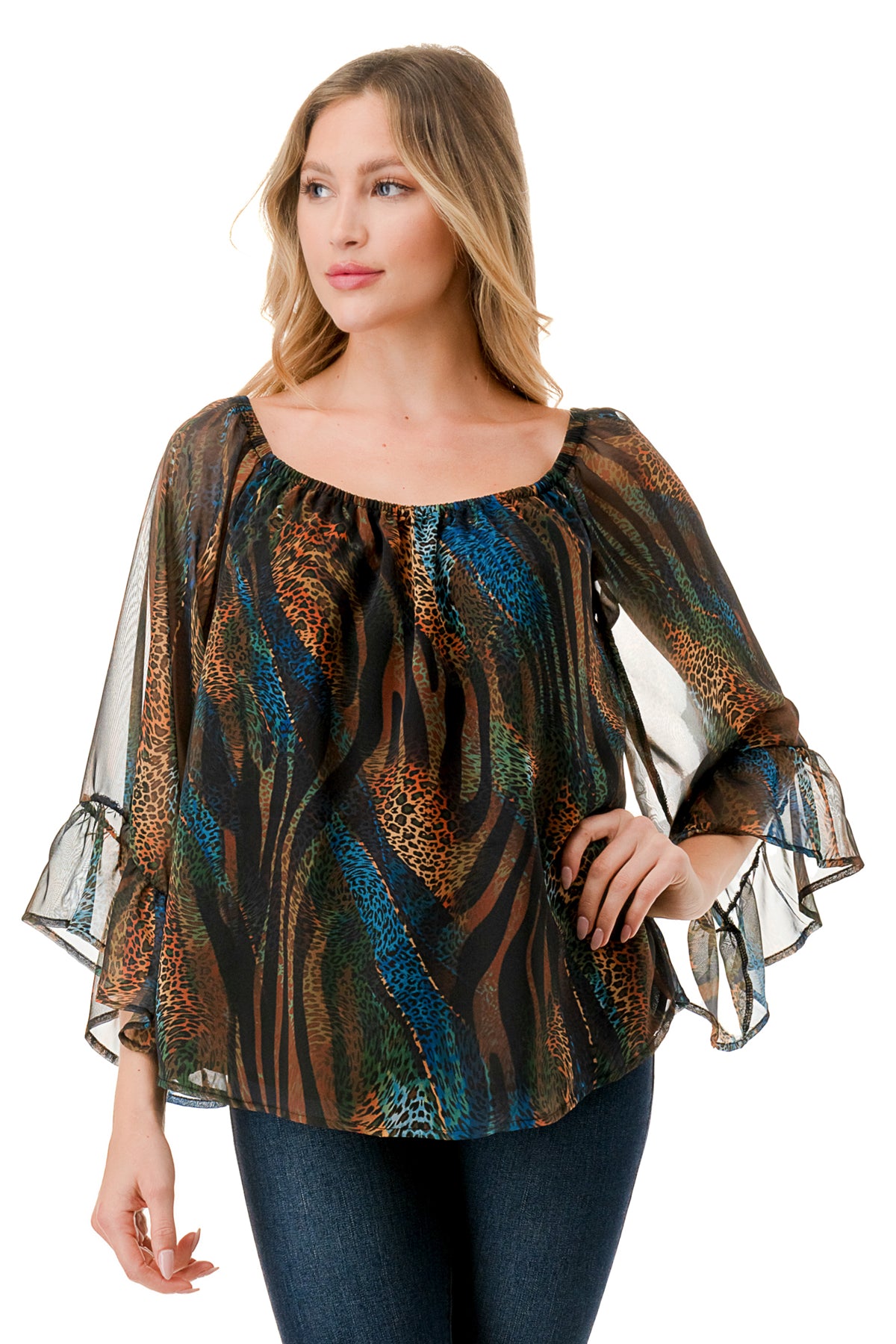 JANE OFF SHOULDER RUFFLE SLEEVE TOP (FALL ZEBRA)- VT3172