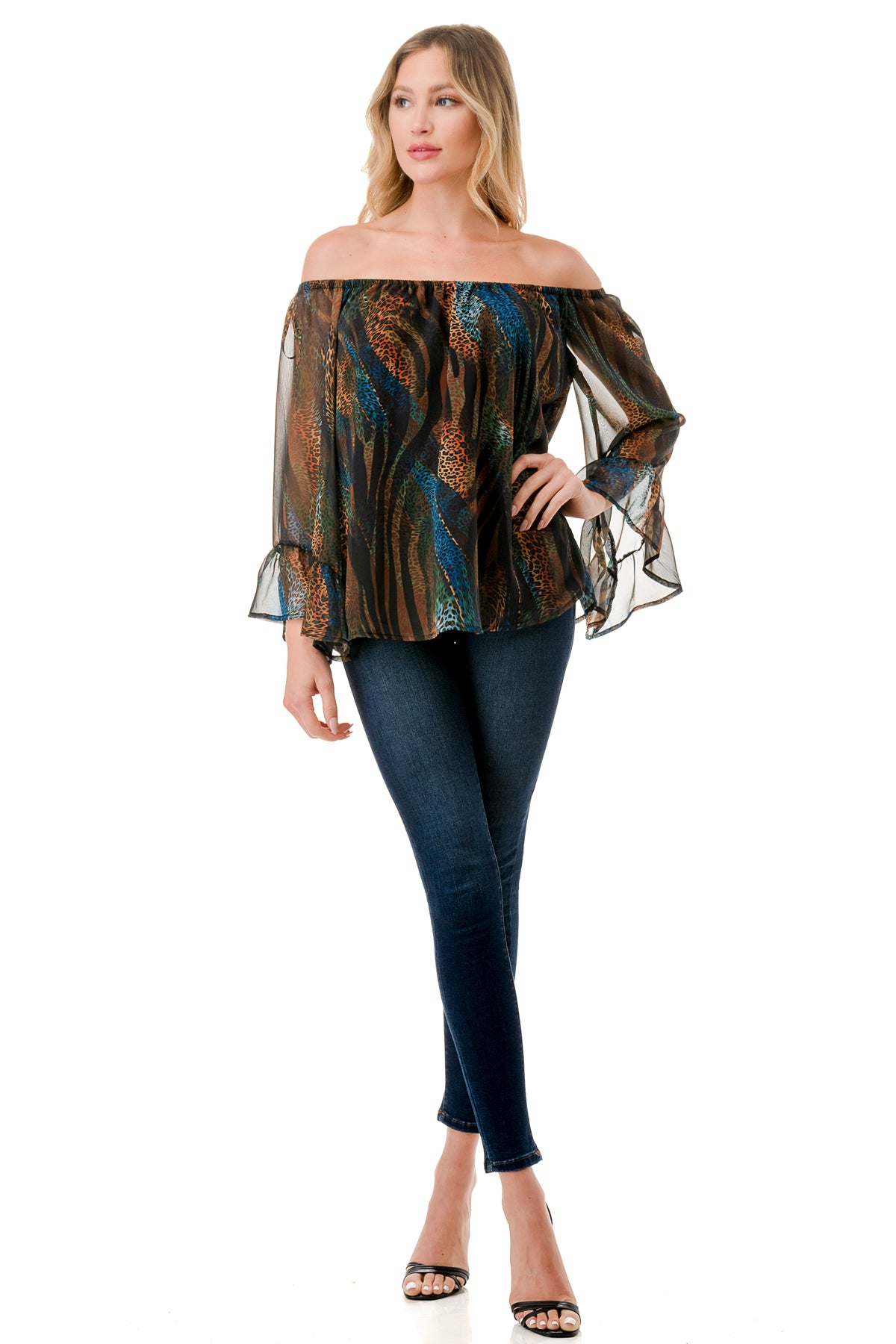 JANE OFF SHOULDER RUFFLE SLEEVE TOP (FALL ZEBRA)- VT3172