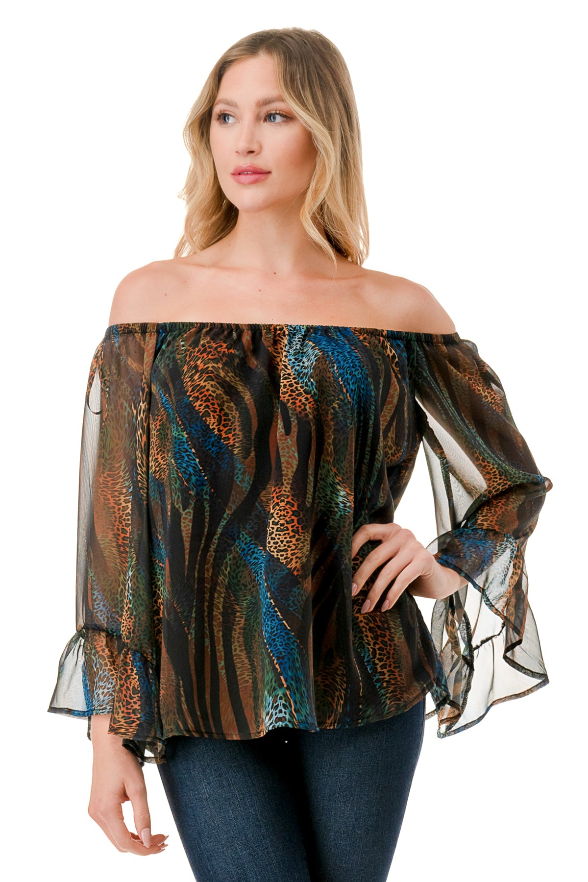 JANE OFF SHOULDER RUFFLE SLEEVE TOP (FALL ZEBRA)- VT3172