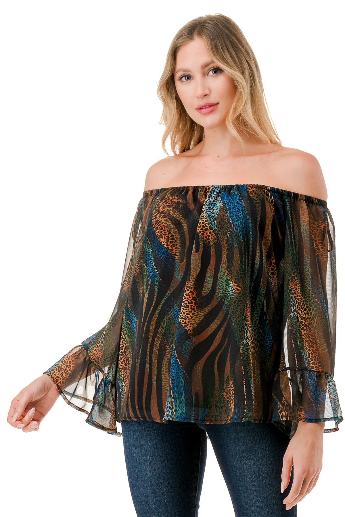 JANE OFF SHOULDER RUFFLE SLEEVE TOP (FALL ZEBRA)- VT3172