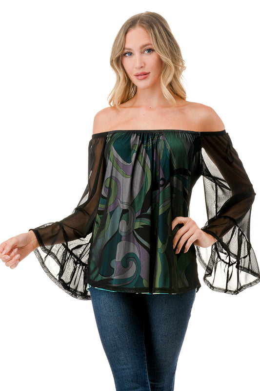 JANE OFF SHOULDER RUFFLE SLEEVE TOP (GREEN PUCCI / BLACK MESH)- VT3172