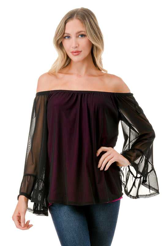 JANE OFF SHOULDER RUFFLE SLEEVE TOP (MAGENTA / BLACK MESH)- VT3172