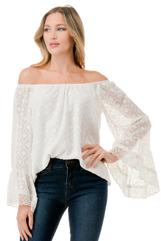 JANE OFF SHOULDER RUFFLE SLEEVE TOP (WHITE / WHITE LACE)- VT3172