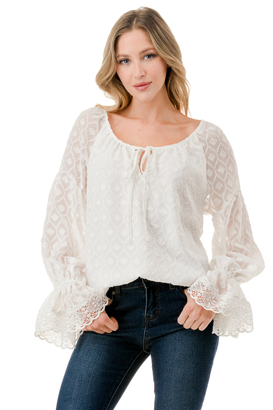 ALILE FRONT TIE TOP (WHITE / WHITE LACE)- VT3193