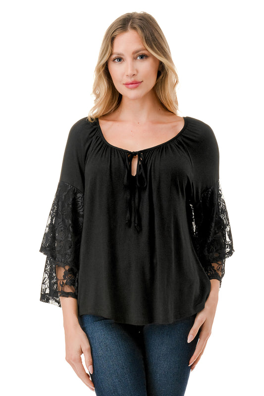 BECKY BELL SLEEVE TOP (BLACK/BLACK LACE)- VT3245