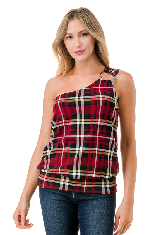 VIVIAN ONE SHOULDER RING TOP (BLACK WINE PLAID)-VT3265