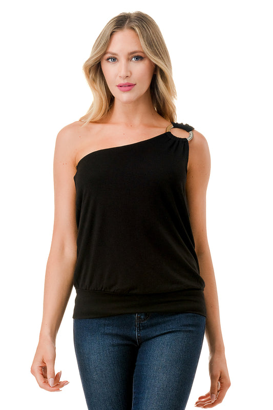 VIVIAN ONE SHOULDER RING TOP (BLACK)-VT3265