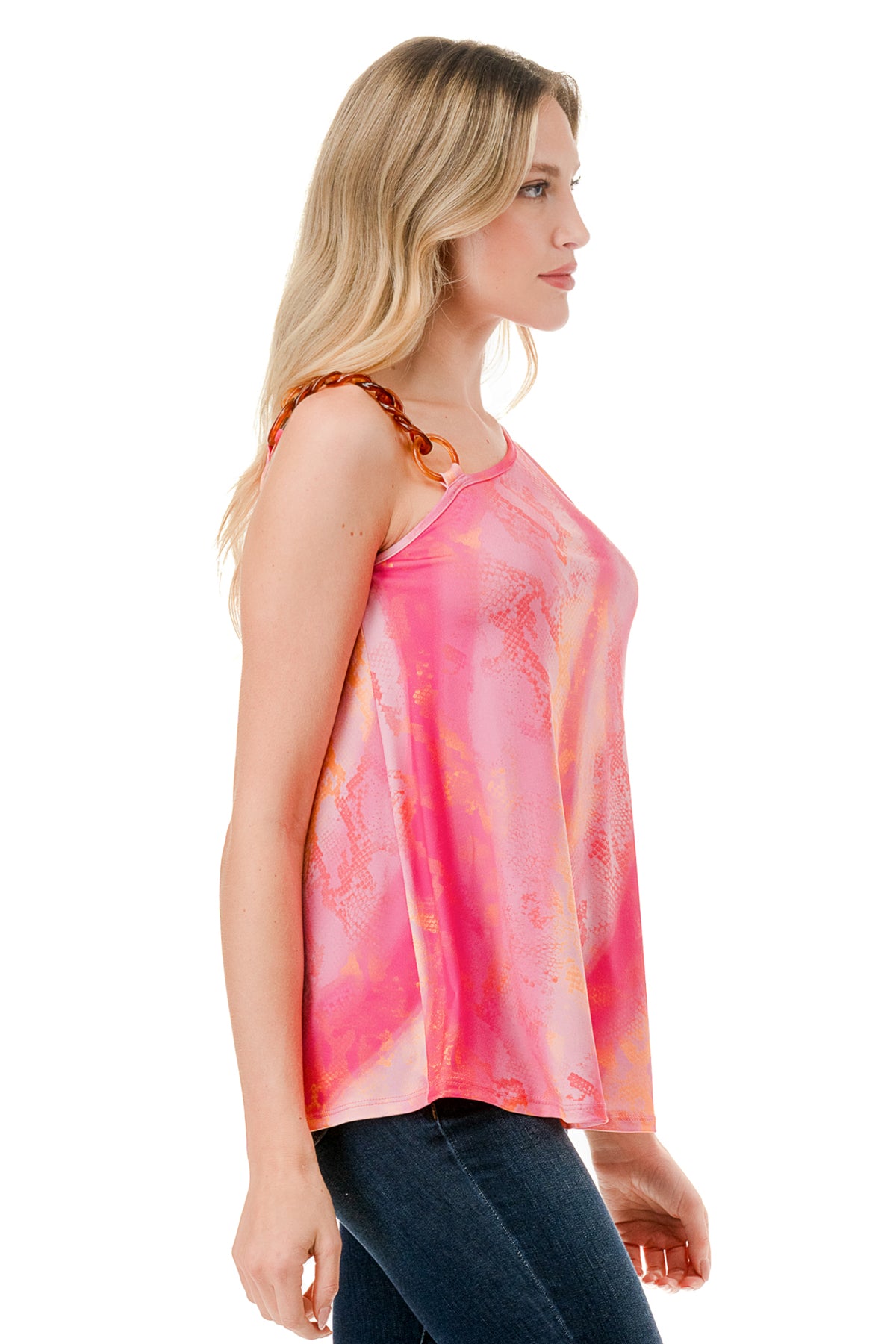 LOUISA CHAIN  ONE SHOULDER TOP (PINK  WATERCOLOR SNAKE)-VT3294