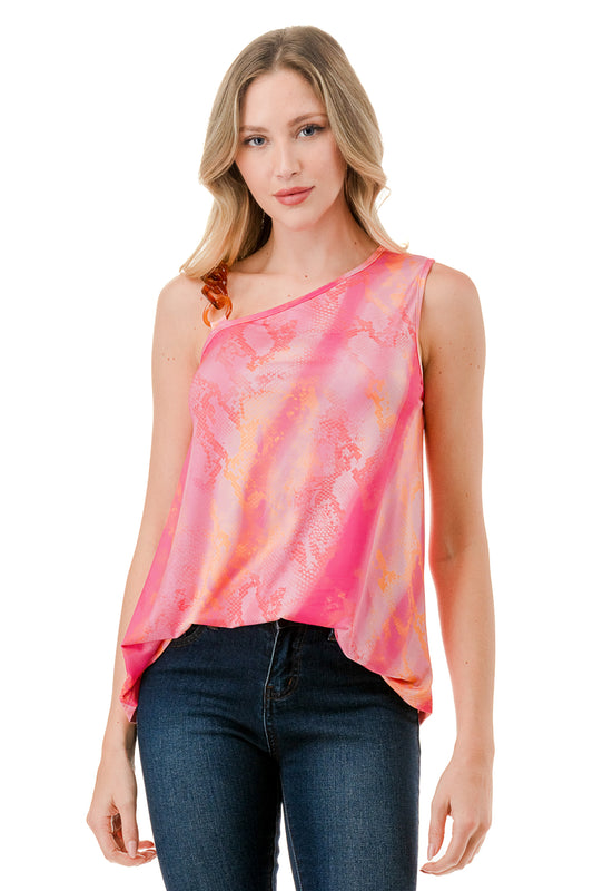 LOUISA CHAIN  ONE SHOULDER TOP (PINK  WATERCOLOR SNAKE)-VT3294