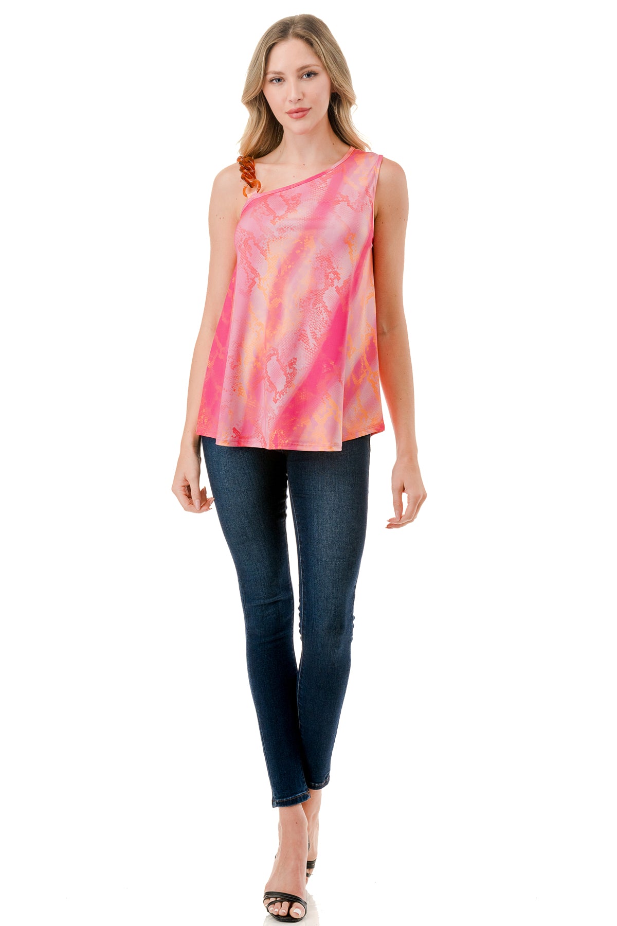 LOUISA CHAIN  ONE SHOULDER TOP (PINK  WATERCOLOR SNAKE)-VT3294