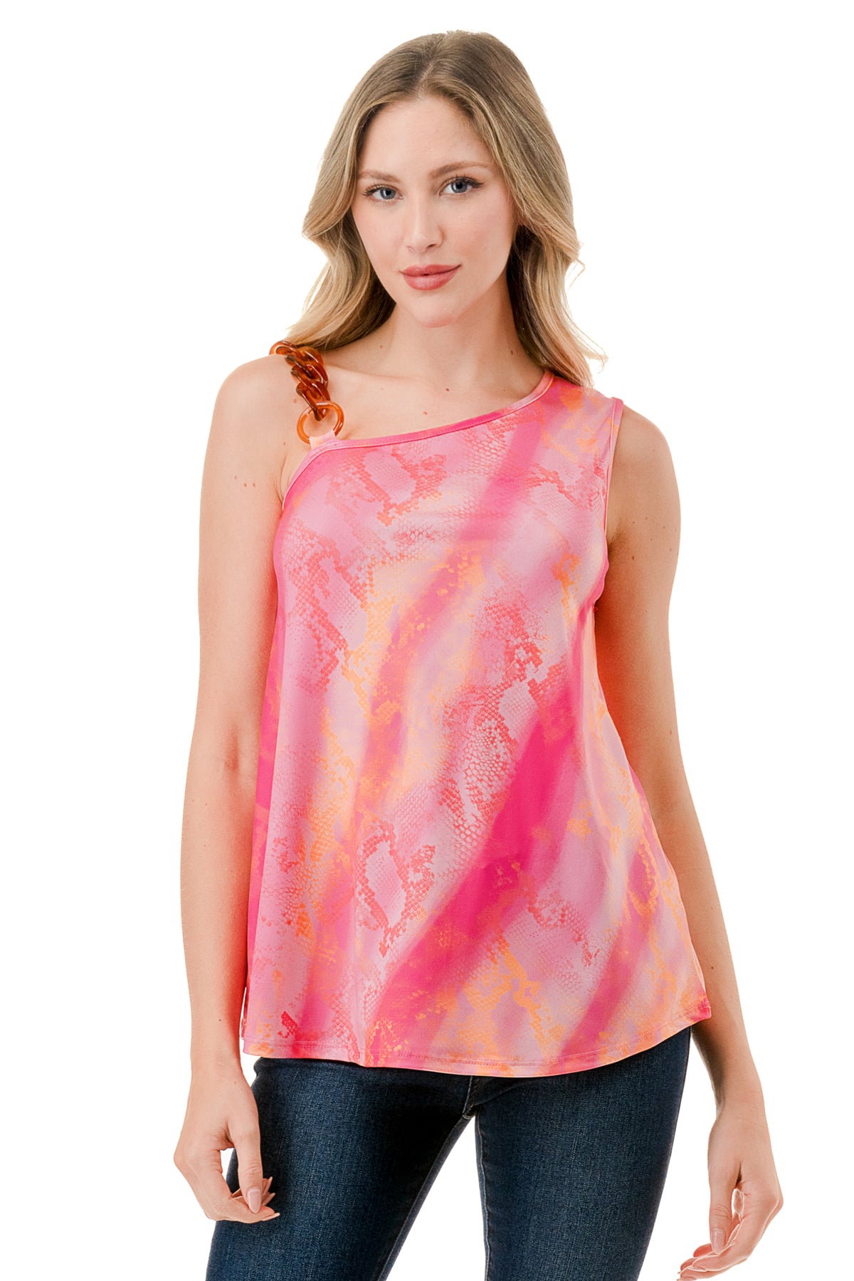 LOUISA CHAIN  ONE SHOULDER TOP (PINK  WATERCOLOR SNAKE)-VT3294