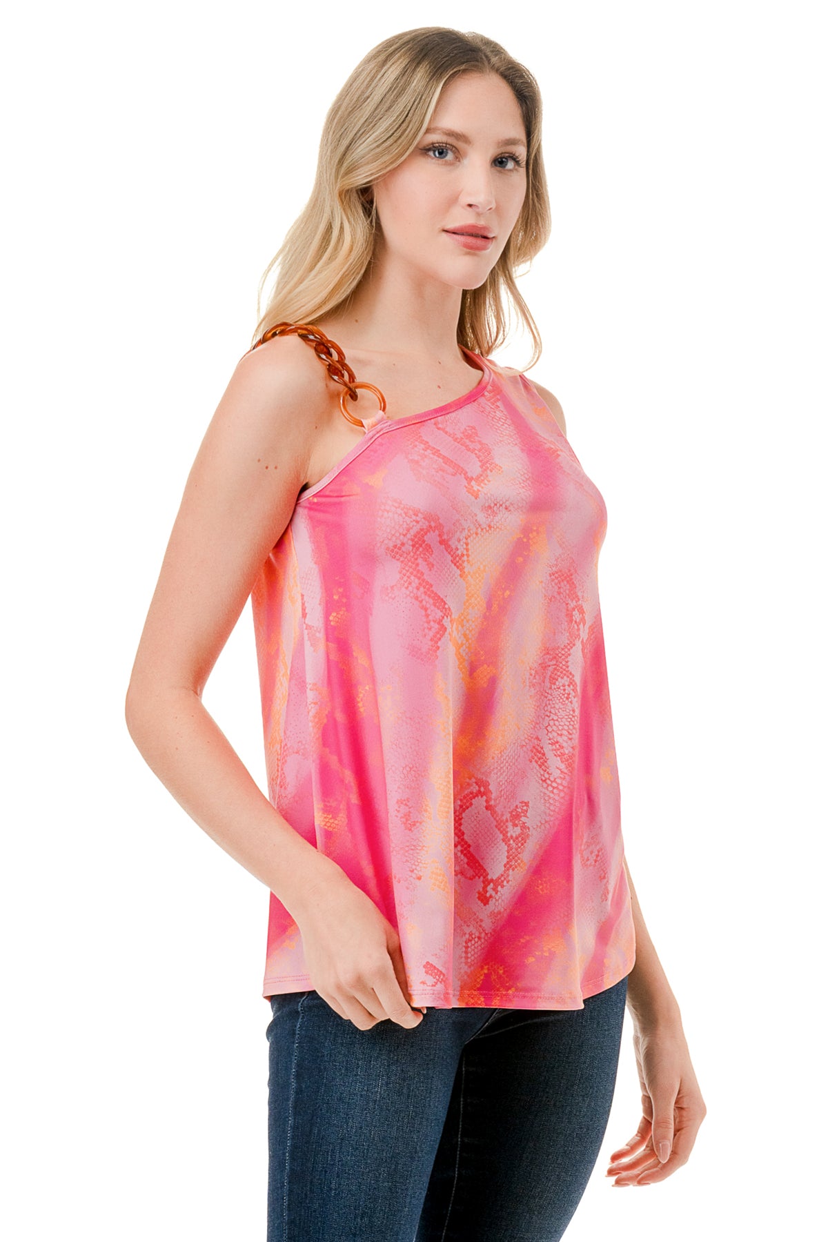 LOUISA CHAIN  ONE SHOULDER TOP (PINK  WATERCOLOR SNAKE)-VT3294