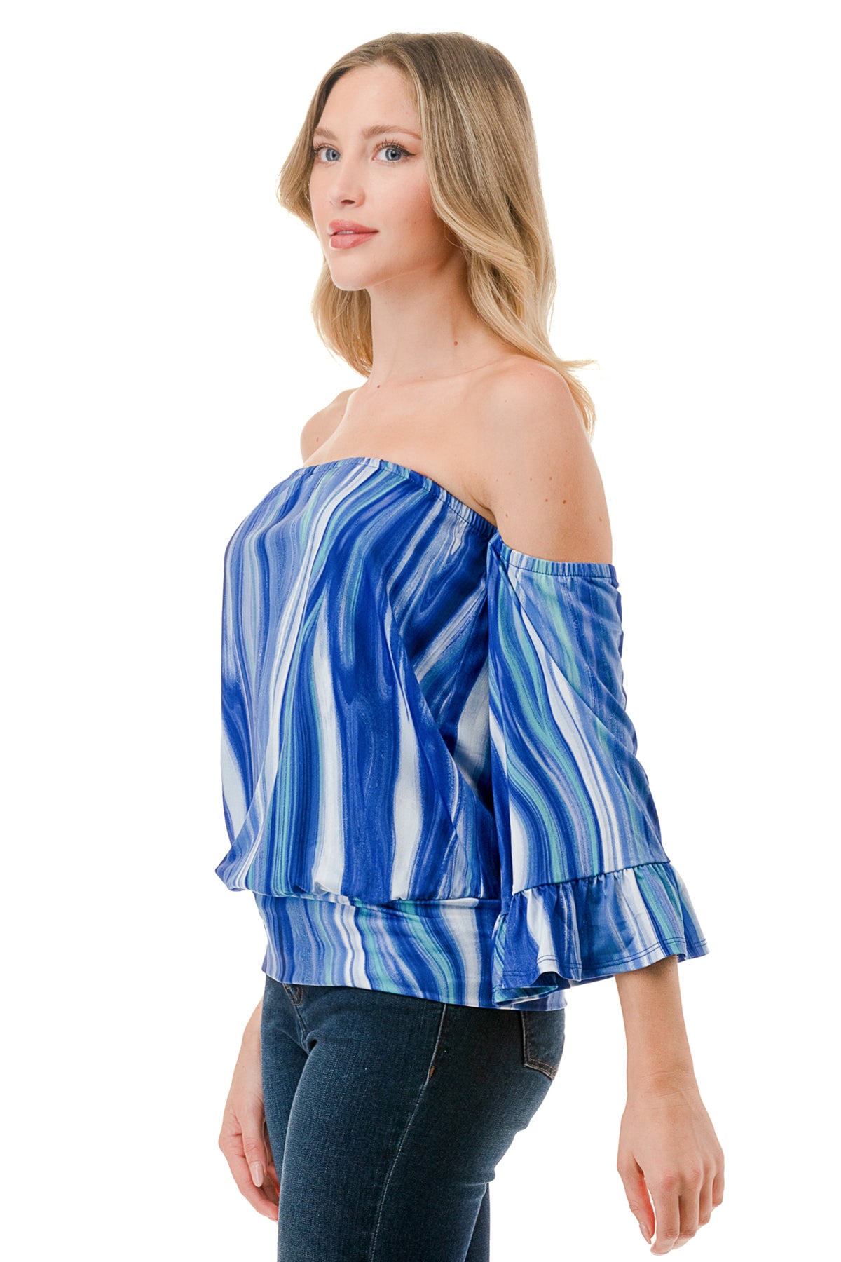 LOUISA OFF SHOULDER TOP (BLUE WATERCOLOR)-VT3299