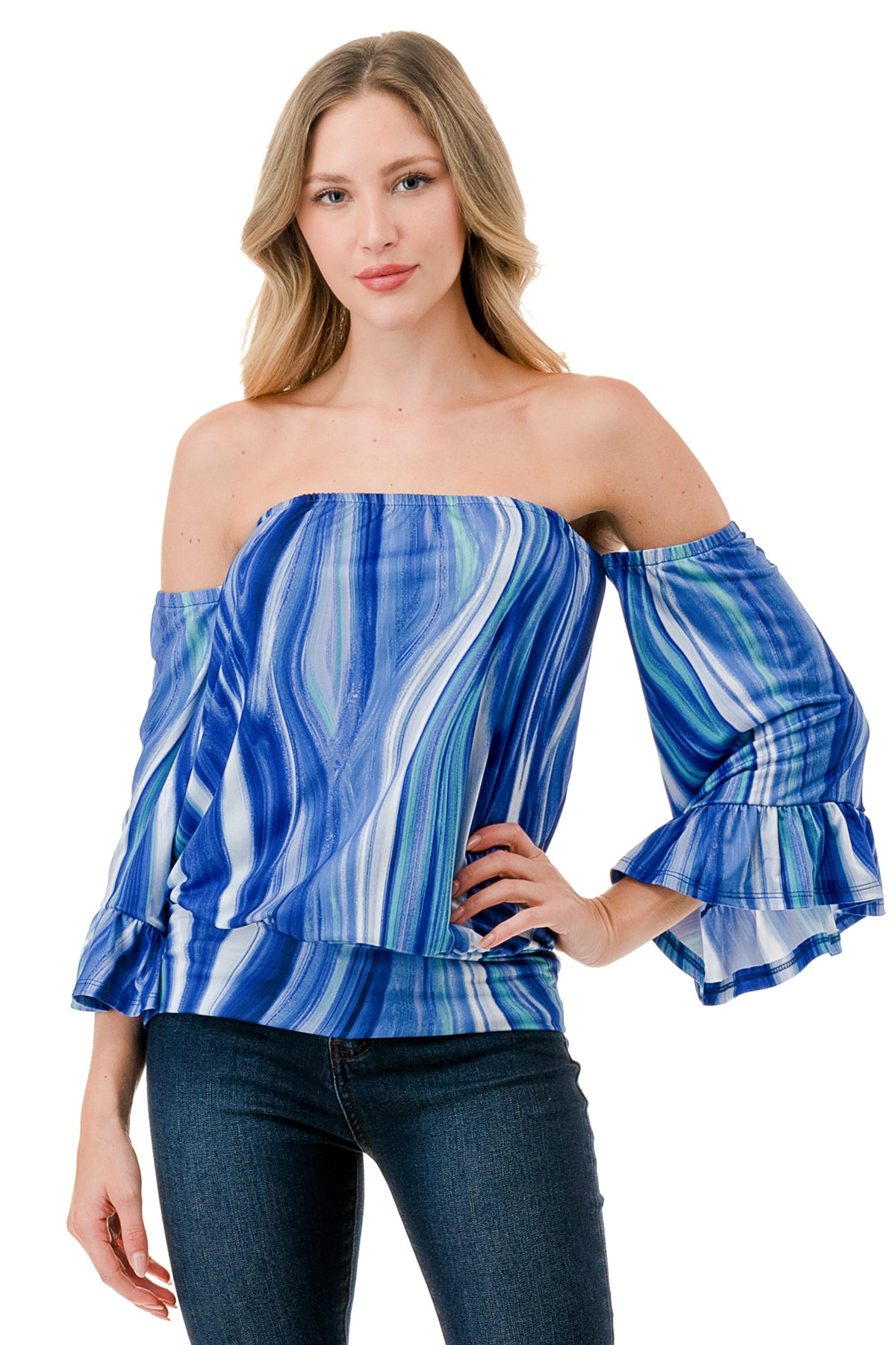 LOUISA OFF SHOULDER TOP (BLUE WATERCOLOR)-VT3299