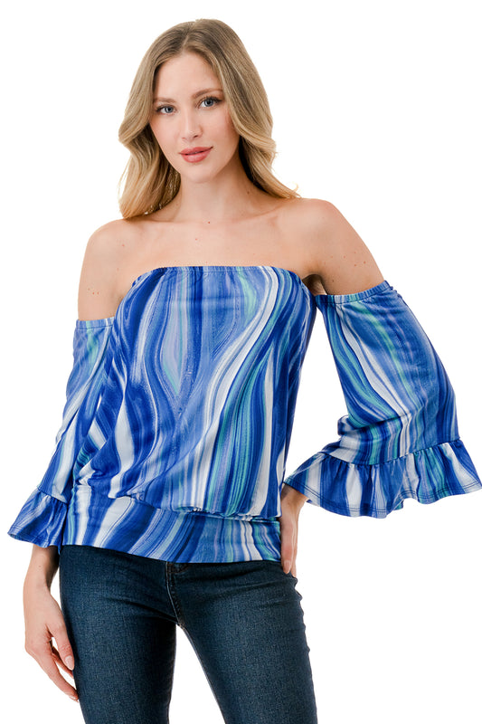 LOUISA OFF SHOULDER TOP (BLUE WATERCOLOR)-VT3299