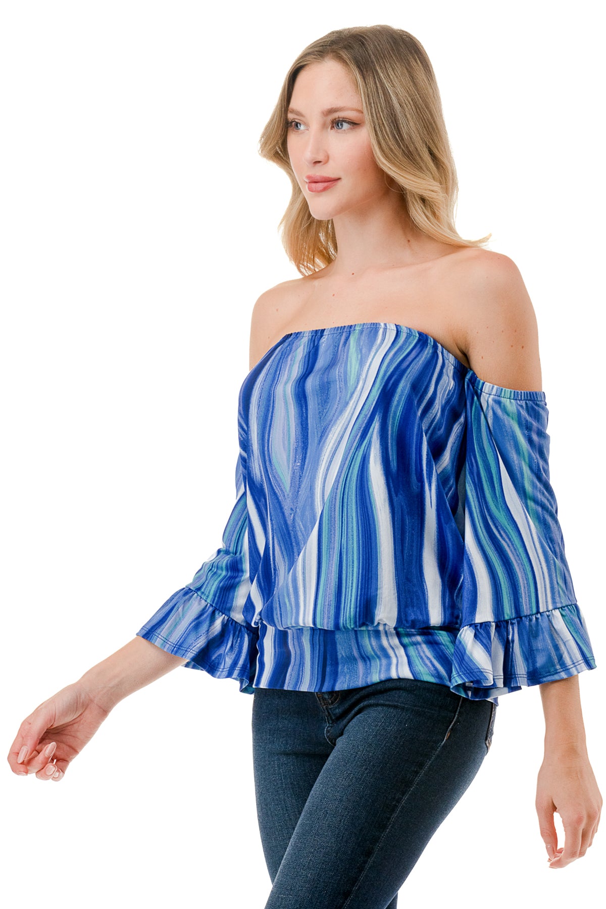 LOUISA OFF SHOULDER TOP (BLUE WATERCOLOR)-VT3299