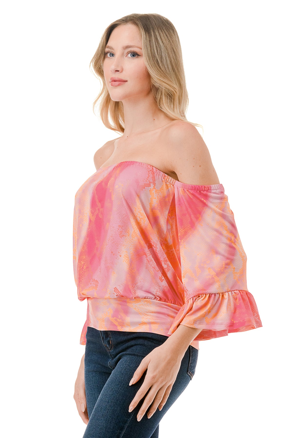 LOUISA OFF SHOULDER TOP (PINK WATERCOLOR SNAKE)-VT3299