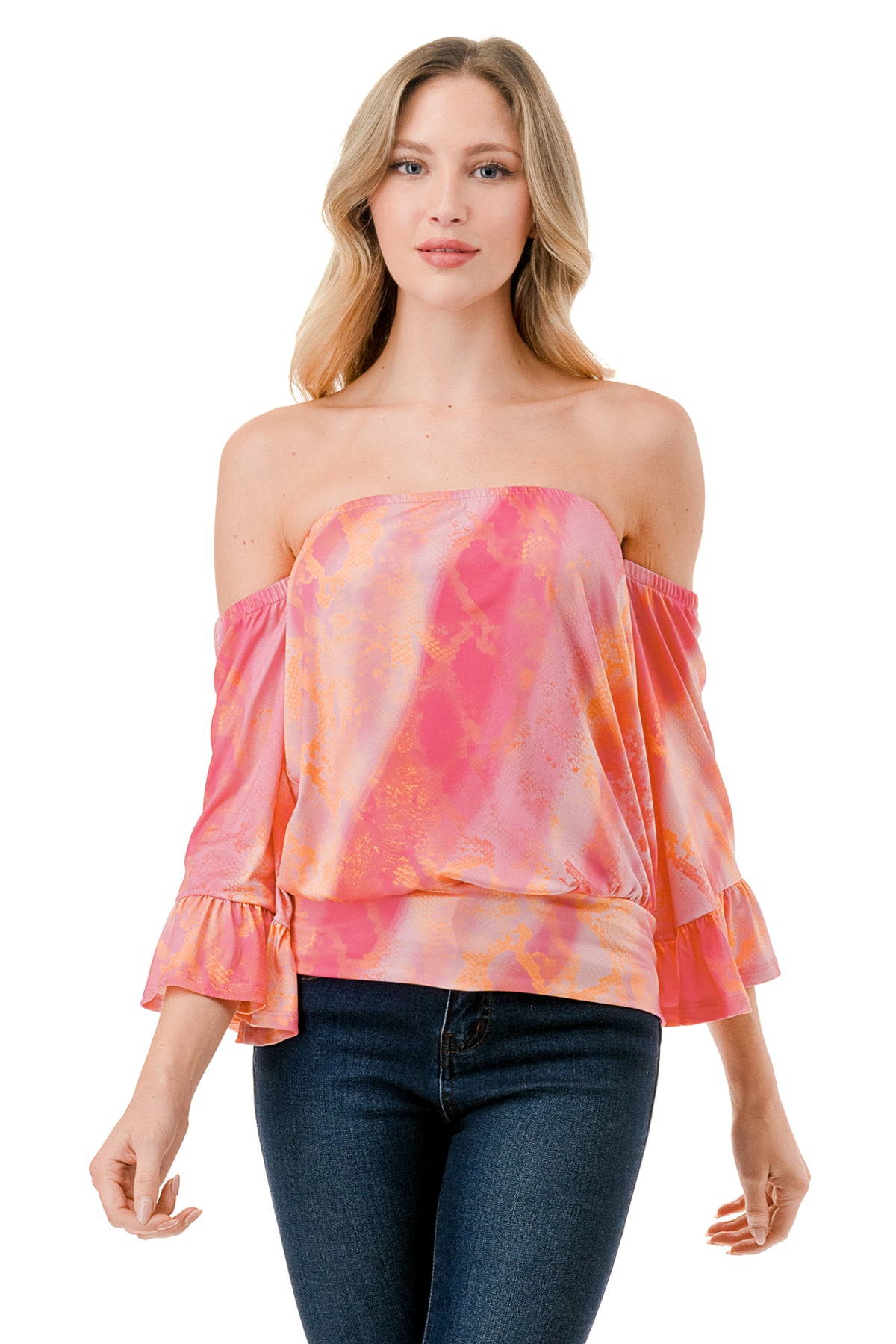 LOUISA OFF SHOULDER TOP (PINK WATERCOLOR SNAKE)-VT3299