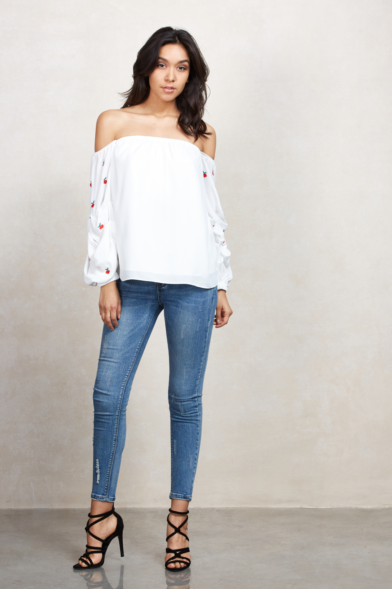 CHERRIES OFF SHOULDER TOP (White)-CVT1661