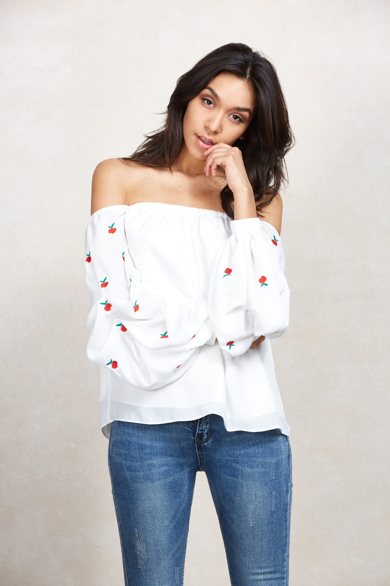 CHERRIES OFF SHOULDER TOP (White)-CVT1661