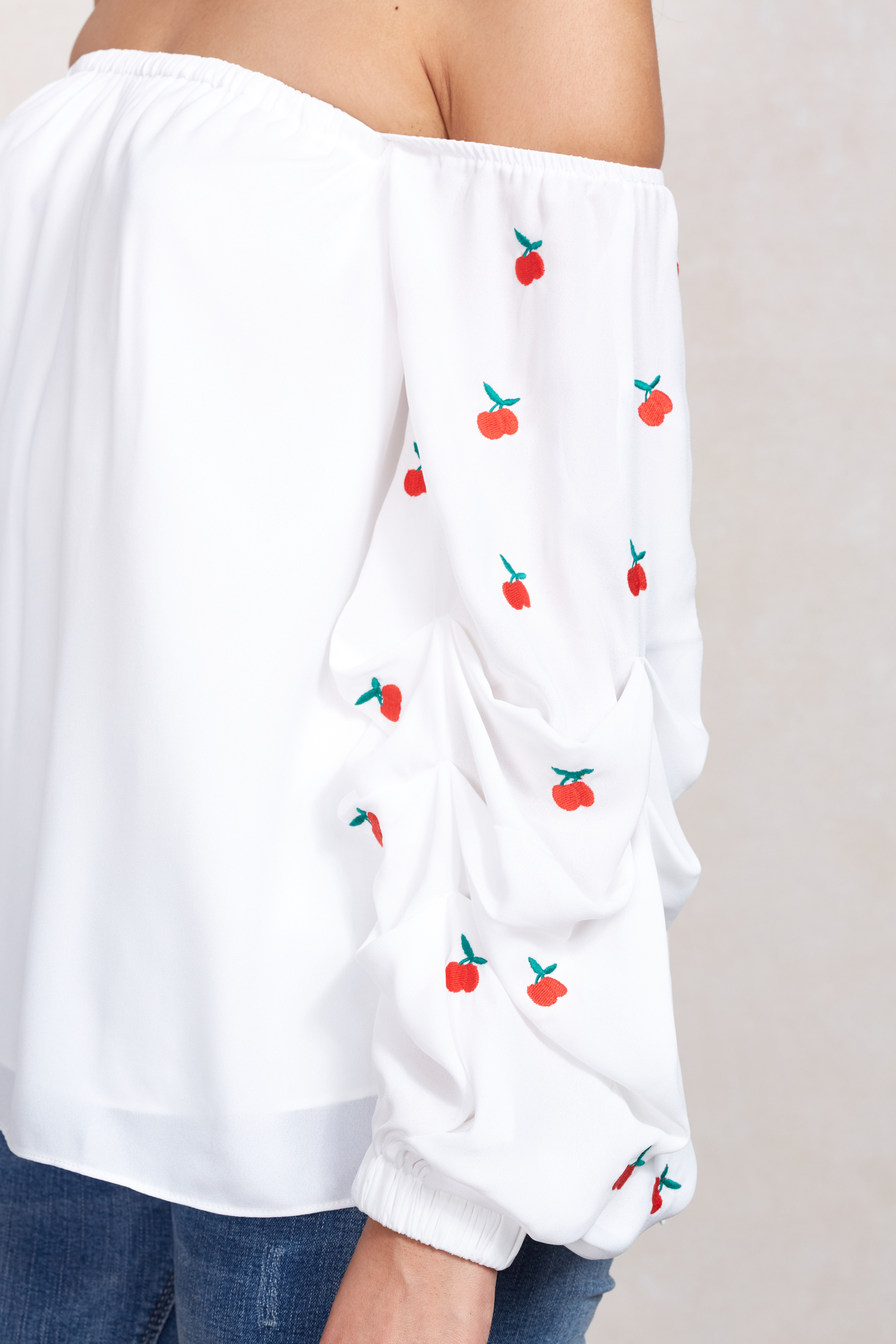 CHERRIES OFF SHOULDER TOP (White)-CVT1661