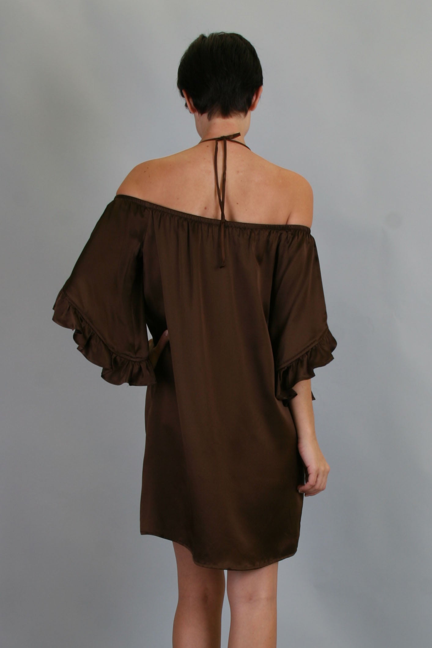 SYDNEY OFF SHOULDER DRESS-(BROWN)-D7247