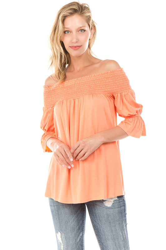 AUBREY OFF SHOULDER HALF SLEEVE TOP (MELON)- JT7101