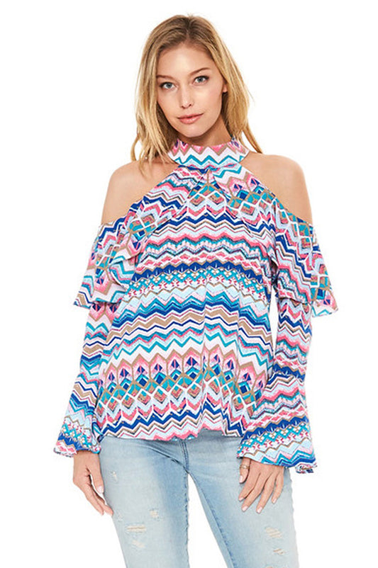 JULIET OPEN SHOULDER TOP (Multi Blue)-VT2106