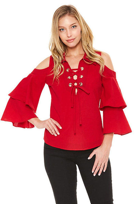 MABEL OPEN SHOULDER TOP (Red)-VT2059