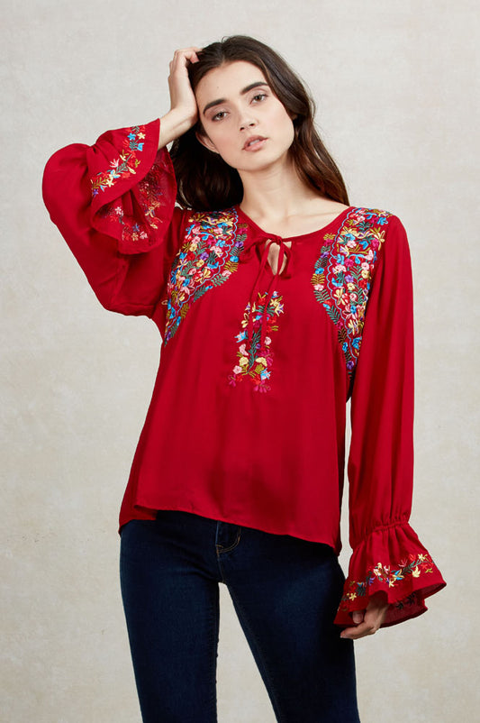 DIANNE PEASANT TUNIC BLOUSE (WINE)-CVT1486