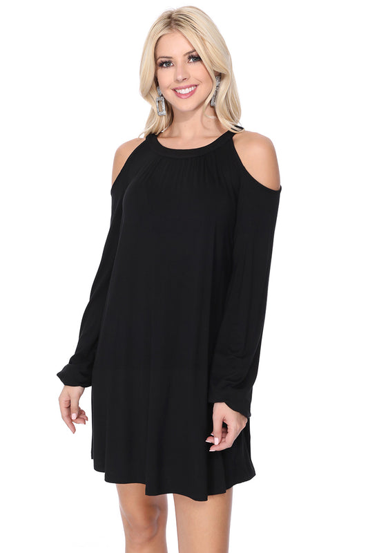 BETTE COLD SHOULDER BISHOP SLEEVE DRESS (Black) - VD2613