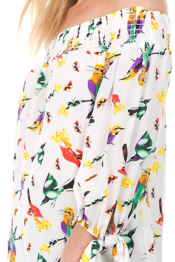 PRINTED OFF SHOULDER TOP (White Bird)- VT1071P