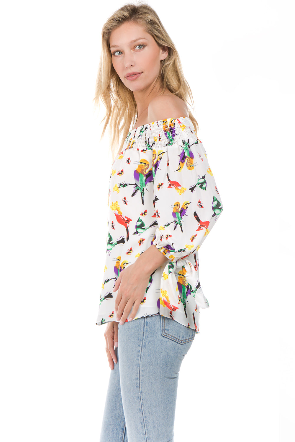 PRINTED OFF SHOULDER TOP (White Bird)- VT1071P