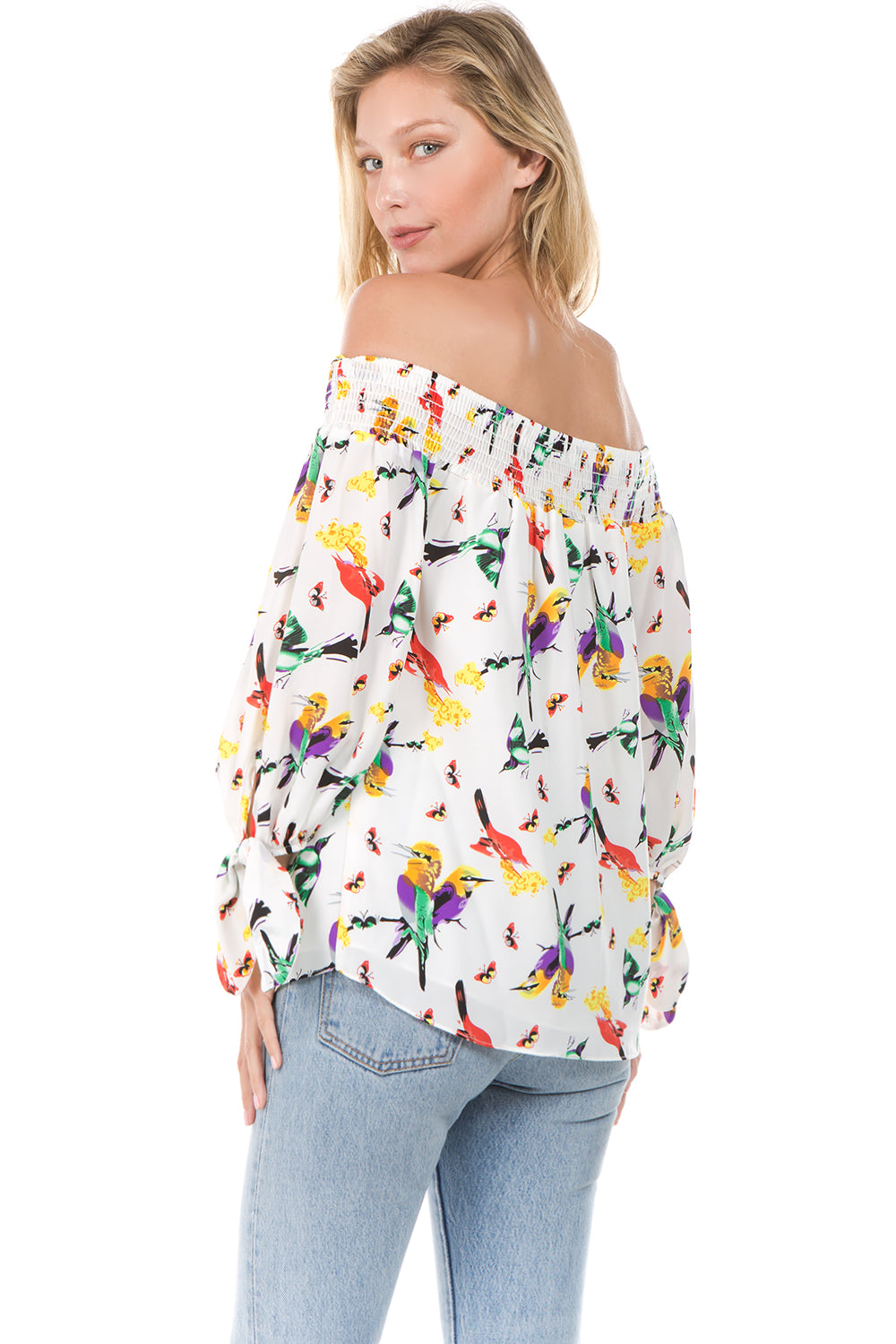 PRINTED OFF SHOULDER TOP (White Bird)- VT1071P