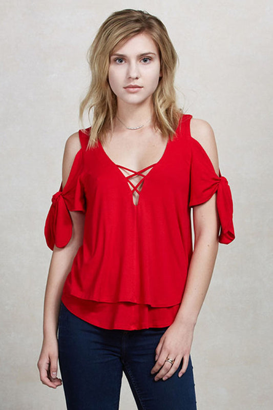 TRINA COLD SHOULDER  WRAP TOP(RED)-VT1733