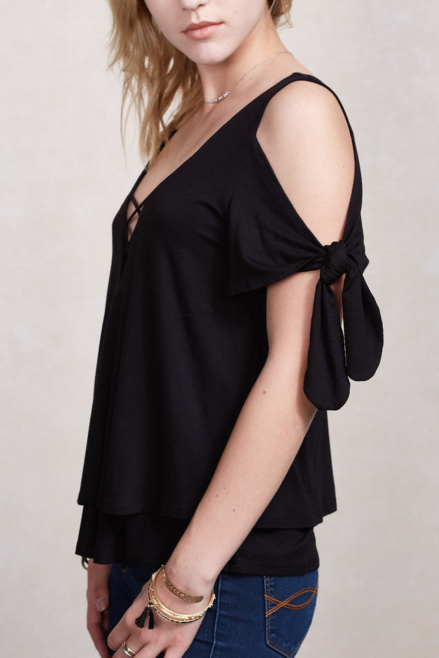 TRINA COLD SHOULDER  WRAP TOP (BLACK)-VT1733