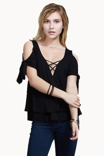 TRINA COLD SHOULDER  WRAP TOP (BLACK)-VT1733